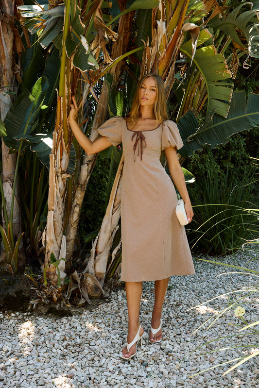 PREORDER - Elle Gingham Midi Dress in Tan