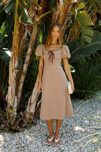 PREORDER - Elle Gingham Midi Dress in Tan