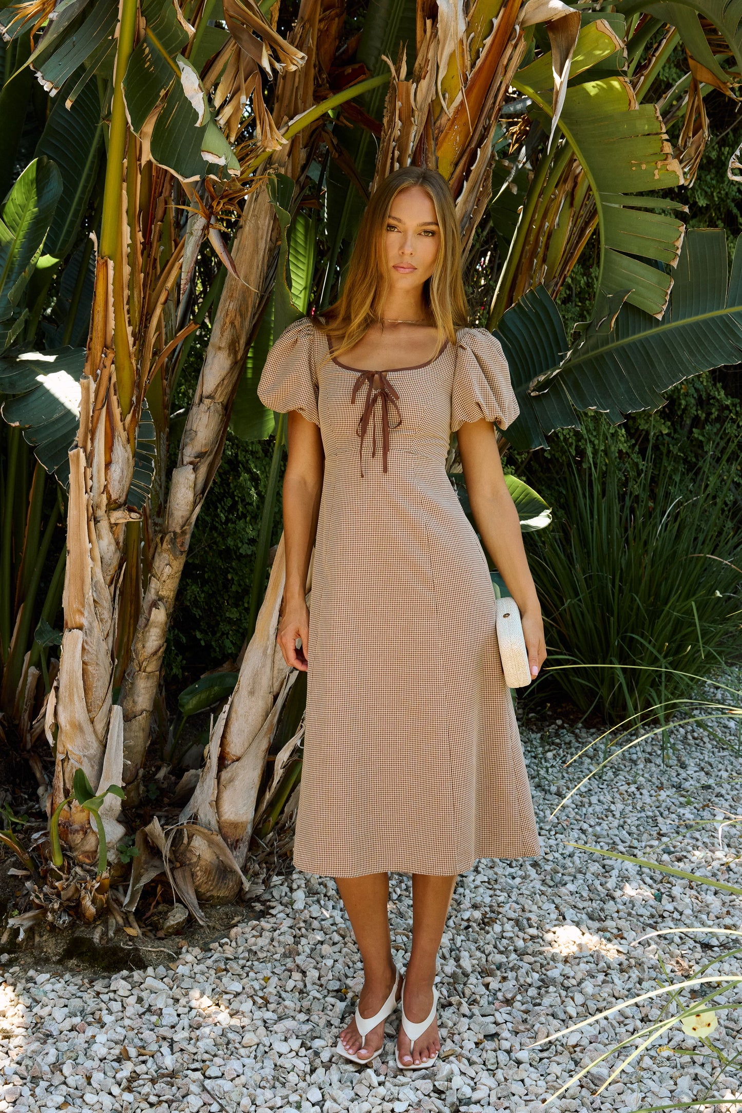 PREORDER - Elle Gingham Midi Dress in Tan