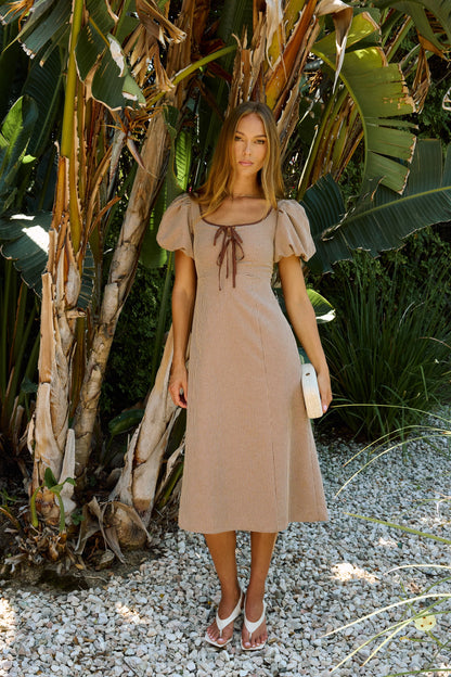 PREORDER - Elle Gingham Midi Dress in Tan