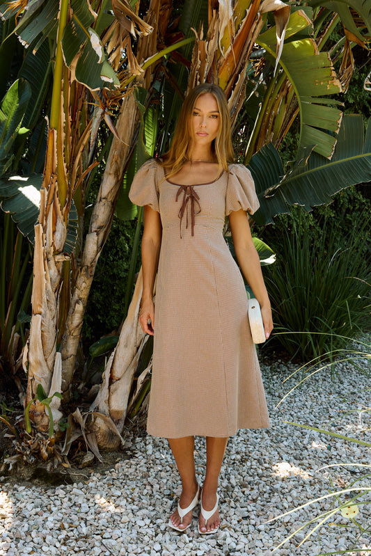 PREORDER - Elle Gingham Midi Dress in Tan