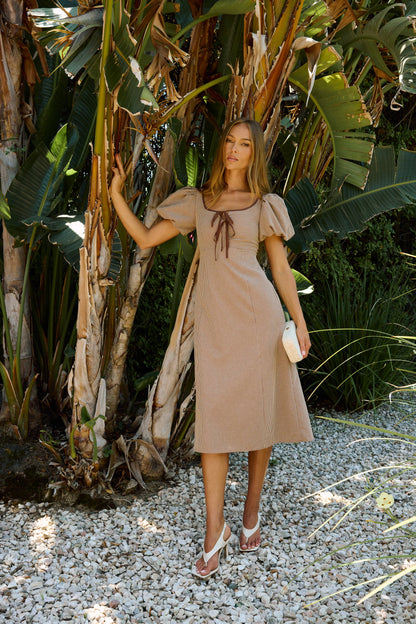PREORDER - Elle Gingham Midi Dress in Tan