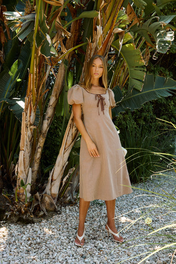 PREORDER - Elle Gingham Midi Dress in Tan