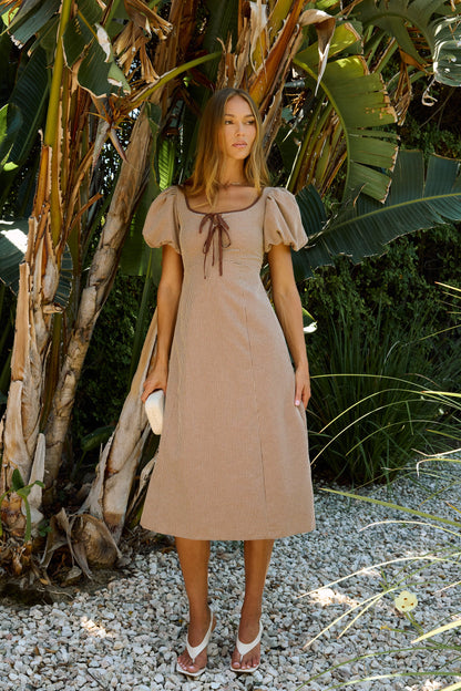 PREORDER - Elle Gingham Midi Dress in Tan